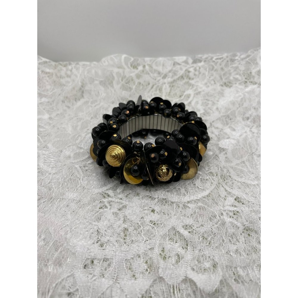 Vintage 80's Black / Gold Beaded Stretch Bracelet